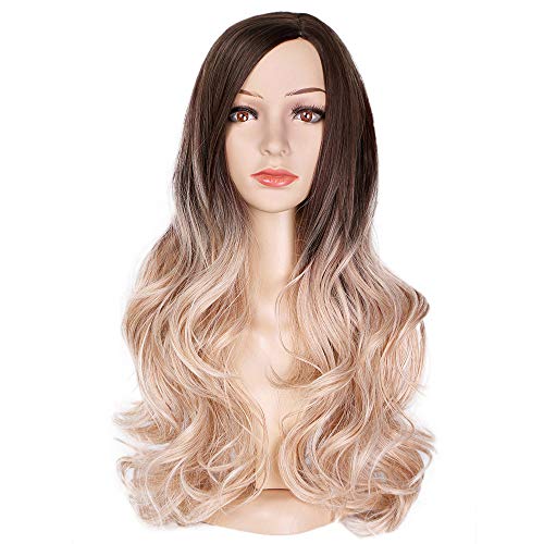 AISI QUEENS Ombre Long Curly Wig Cospaly Wigs Synthetic 2 Tone Dark Brown to Ash Blonde Wavy Wigs Natural Looking Side Part Heat Resistant Wigs for Women