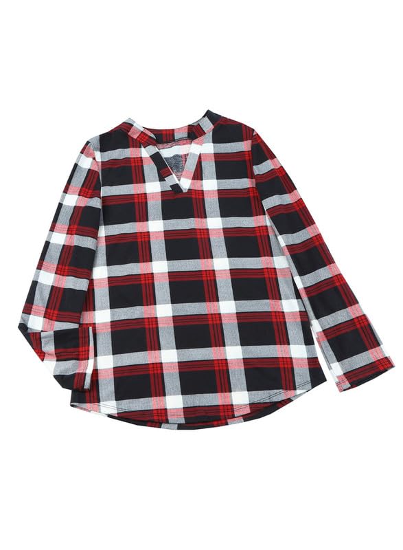 Image of Dokotoo Womens Tops Plaid Cotton Cuffed 3 /4 Sleeve Shirts Blouses