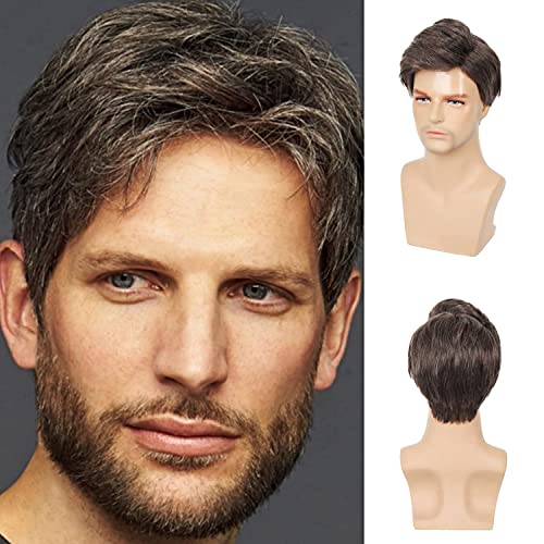 Beweig Mens Wig Short Brown Fluffy Wig Synthetic Costume Replacement Wig for Males