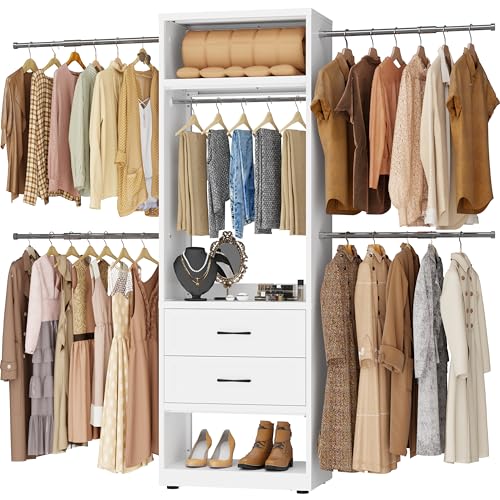 OpolQif Metal Closet System, 4FT-8FT Closet Organizer System with 4 Expandable Hanging Rods and Metal Tower,79"H Walk in Closet System with 2 Drawers and Shelving,Built in Closet,Wall Mount,White