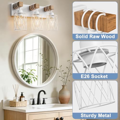Image of IZORRO Farmhouse Bathroom Vanity Light, 3-Light Wood Bathroom Light Fixtures Over Mirror, Matte White Industrial Vanity Lights with Metal Shade, Rustic Restroom Lighting Fixtures