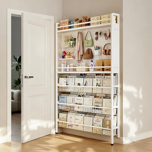 Estantería de 5 niveles detrás de la puerta, estantería de metal con organizador de almacenamiento, estantería de pared para juguetes y libros, ahorra espacio, estantería estrecha para estudios