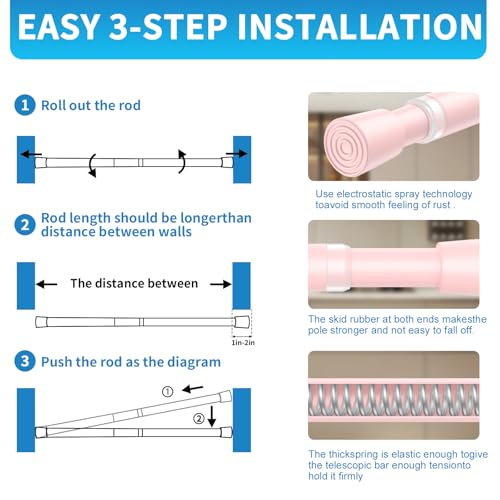 Image of AIZESI 2 Pack Tension Curtain Rod for Windows 26.5 to 36 inch, Adjustable Expandable Pressure Spring Curtain Rod No Drilling, Pink Curtain Rod for Bedroom Doorway Closet Door