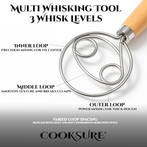 COOKSURE 304 Stainless Steel Dough Whisk for Sourdough - 13 Inch Danish Dough Whisk with Smooth Wooden Handle for Easy Sourdough & Bread Mixing #2