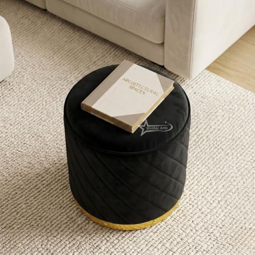 Image of Ottoman Stool, Puffy Stool, Sitting Stool, Modern Upholstered Round Ottoman, Dressing Table for Living-Black