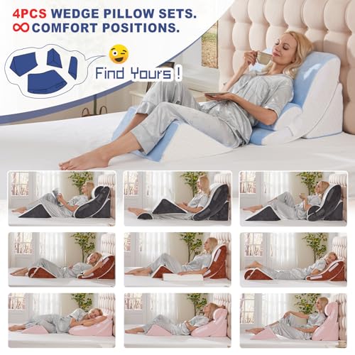 Image of WSOFRLAC 4PCS Bed Wedge Pillow for Sleeping and Sitting Up, Orthopedic Memory Foam Pillow Set for Back Pain, Post Surgery Recovery, Acid Reflux, GERD Relief, Triangle Shape, Blue White