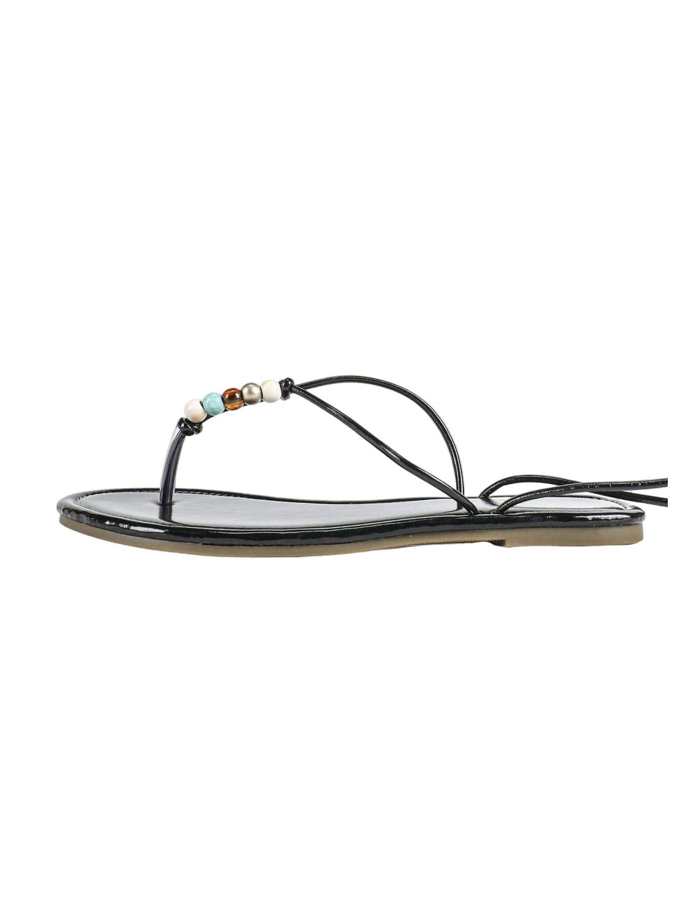 GORGLITTER Women's Gold Flat Sandals Strappy Lace Tie Up Flip Flops Slides