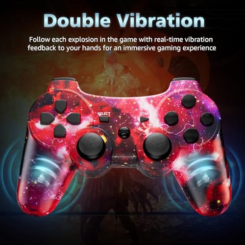 Image of ISHAKO Controller for PS3, Wireless Controller for PlayStation 3 /PC Windows, Upgraded Joystick with Dual Vibration and 6-Axis Motion Control, Ergonomic Design - Red Galaxy