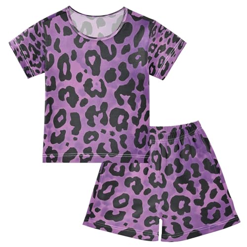 ALAZA Leopard Print Black Color Pajamas Set Short Sleeve Cotton Sleepwear Summer Pjs 2 Piece 5-14Y