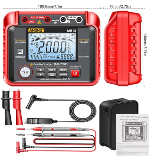 Image of MH13 1MΩ-200GΩ Megohmmeter, 250V-2500V Insulation Resistance Tester, 10V-600V AC /DC Volt Meter, Auto Ranging 2000 Counts, LCD Display, 100 Data Storage, Leaking Shielding