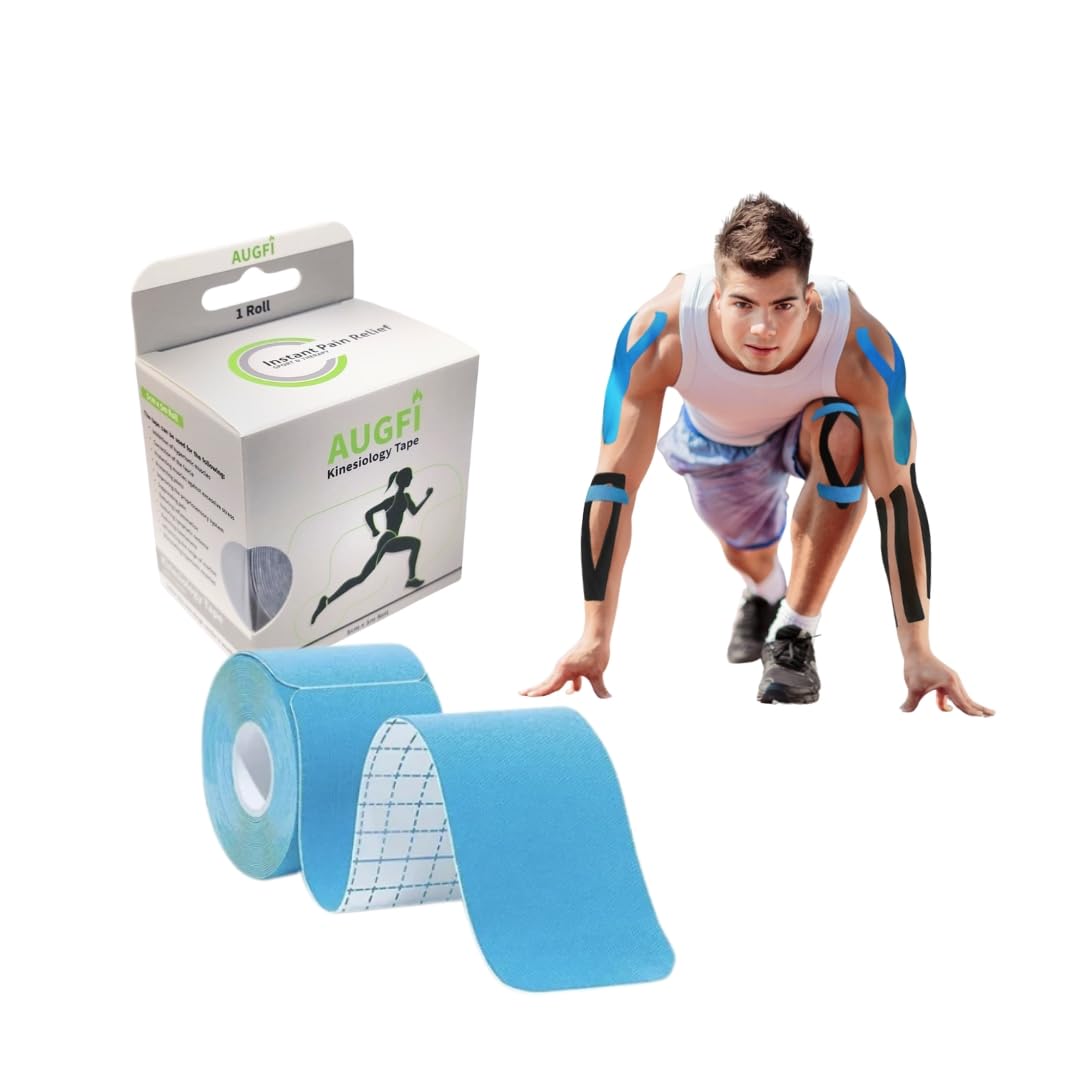 Augfi Kinesiology Tape – Waterproof & Breathable Precut Strips for Muscle Support, Sports recovery & Pain Relief including Knee, Ankle, Elbow, Plantar Fasciitis – Blue, Latex-Free – Athletic Tape
