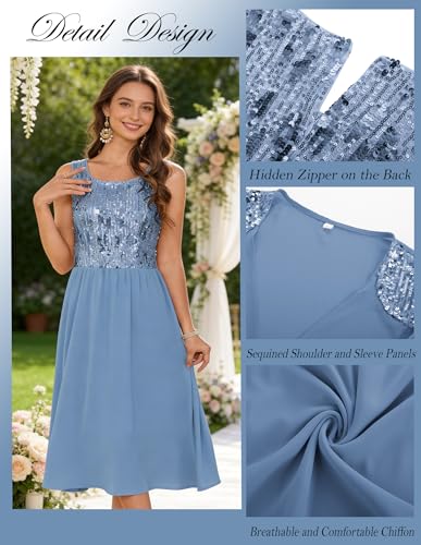 Image of GRACE KARIN Formal Wedding Guest Dress Sequin Mother of The Bride Dresses | Two Piece,3 /4 Sleeve,Tea Length,Crew Neck,Fit and Flare,Chiffon,Suitable for Spring /Summer /Fall /Winter /Cocktail /Party /Prom