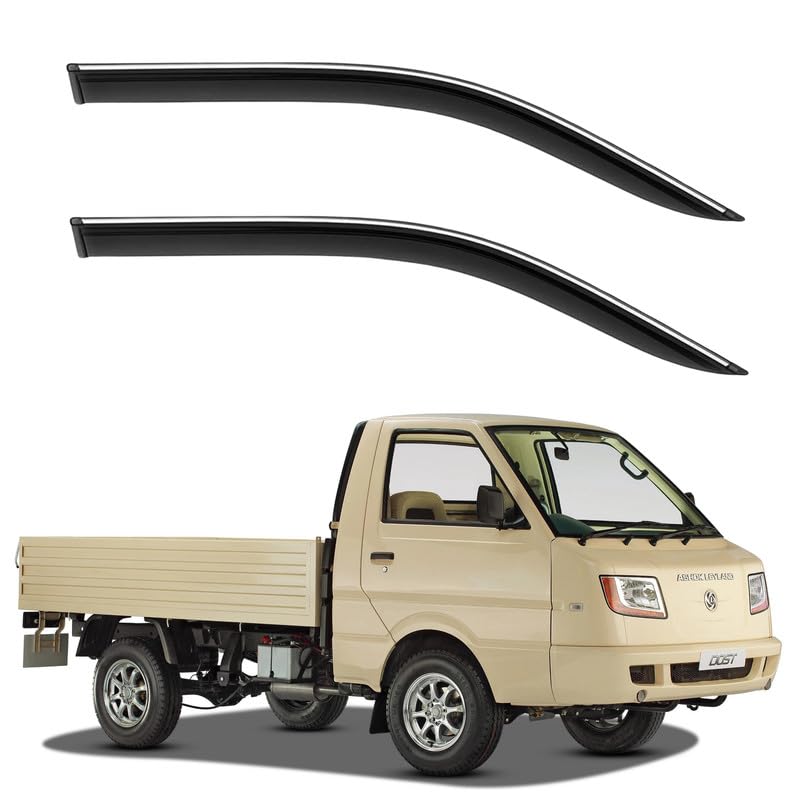 Image of CAR SAAZ Side Door Visors for Dost Ashok Leyland (Set of 2Pcs)|Chrome Lined Rain Guards, Polycarbonate, Smoke Finish