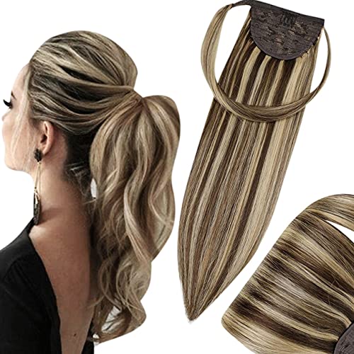 Hetto Human Hair Ponytail Extensions #4/27 Brown Highlights Blonde Ponytail Human Hair Extensions 100g 20 Inch One Piece Ponytail Hair Extensions
