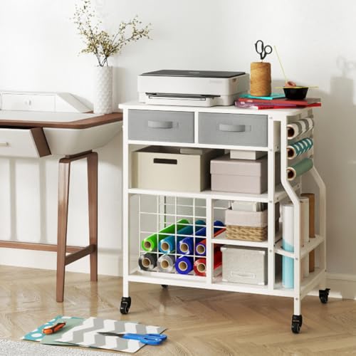 Image of Organization and Storage Rolling Craft Organizer Cart Compatible with Machine Cart with Drawers Vinyl Roll Holder Storage Cabinet for Home Craft Room