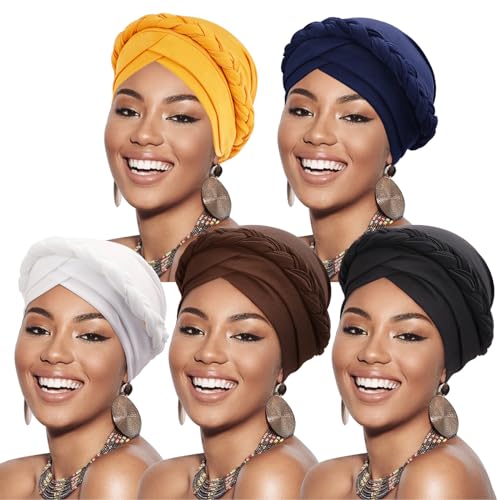 Image of DRESHOW African Women Turban Caps Beanie Twist Headscarf Pre-Tied Twisted Braid Headwraps for Women Chemo Cancer Cap