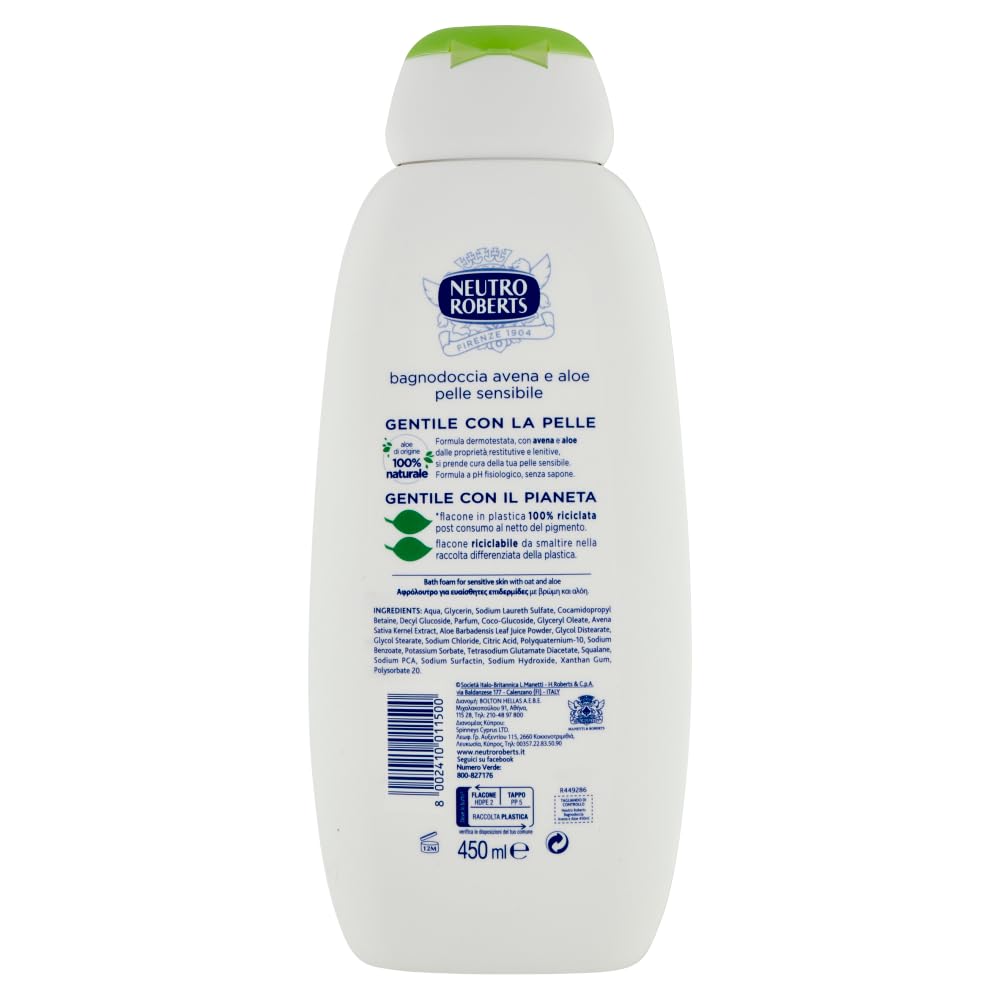 Neutro Roberts Bagnodoccia Pelle Sensibile con Avena e Aloe, gel de ducha para pieles sensibles con avena y aloe, 450 ml, incluye llavero Beni Culinari