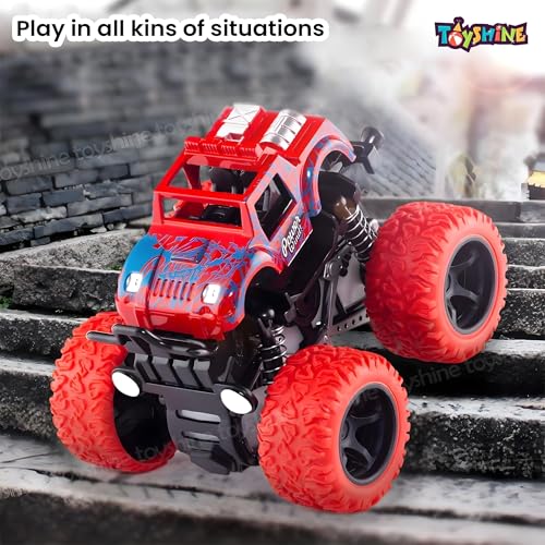 Image of Toyshine Friction Powered 4x4 Big Wheel Monster Rock Crawler Small Zap Car Toy with Rubber Wheels |Spring Shock Absorber Suspension with Push and Go Feature for Kids 3+,Red