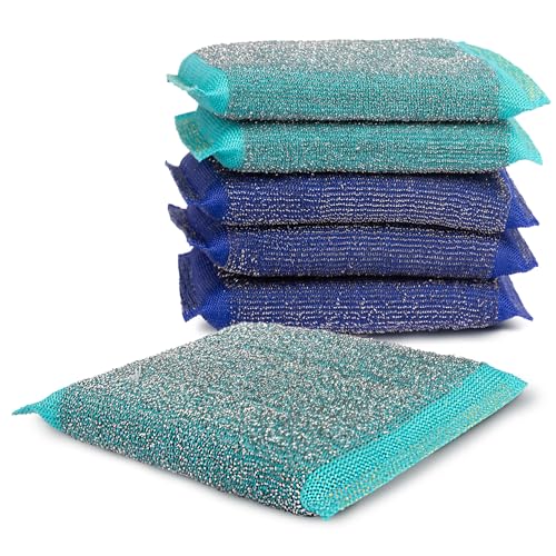 Image of Simplified 6-Pack Steel Scouring Sponges with Rust Resistant Stainless Steel Threading for Home and Kitchen Cleaning Supplies, Heavy Duty Cleaning Sponge for Kitchen & Bathroom, Blue /Green