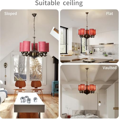 Image of Devansh 05 Lights Pink Jute Round Shade with Antique Golden Chandelier