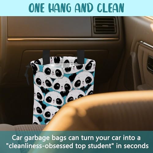 Image of Car Garbage Bag Cute Panda Hanging Canvas Car Trash Bag Waterproof Drawstring Car Back Seat Organizer for Car Back Front Seat Console with Adjustable Buckle
