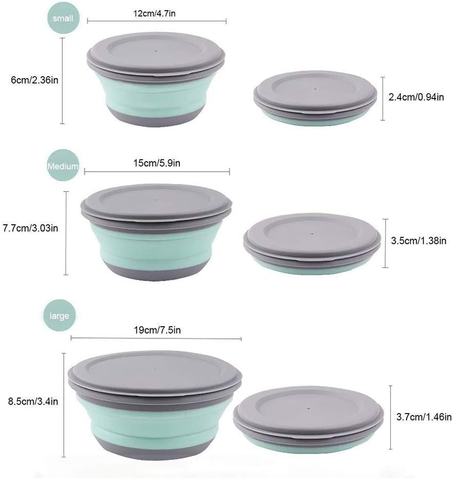 Kedisec Set of 3 Collapsible Silicone Bowl with Lid - Portable Lunch Box for Picnic Camping, Outdoors (300 ml+600 ml+900 ml) (Green) - Image 3