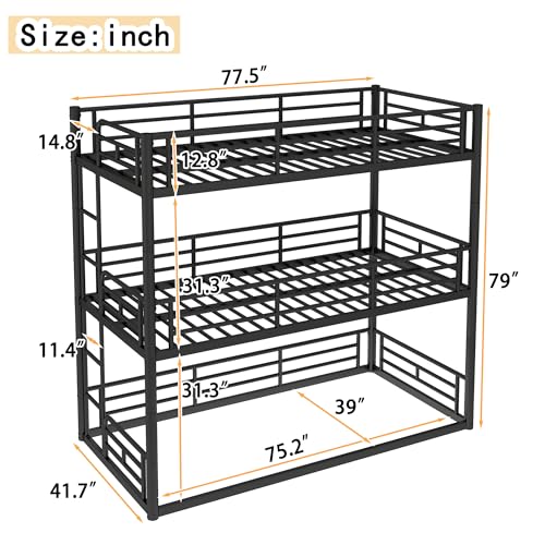 Image of Twin Over Twin Over Twin Bunk Bed with Safety Guardrails, Modern Metal Triple Bed Frame for Kids, No Box Spring Required, Black