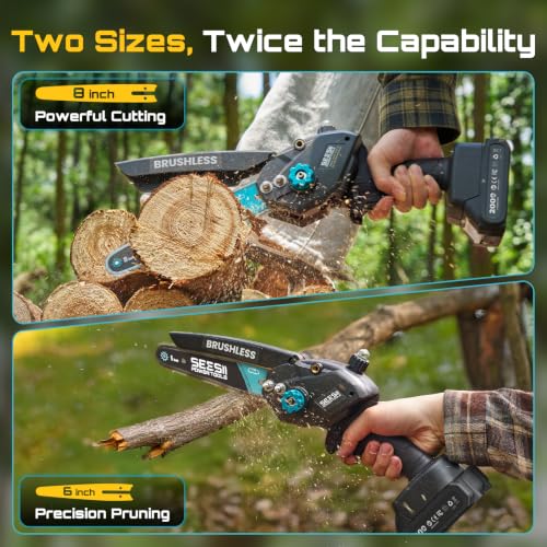 Image of Mini Chainsaw Cordless 8 inch: Electric Chainsaw Battery Powered, Brushless Chain Saw with Auto Oiler, 2pcs Battery, Handheld Saw for Tree Branch Wood Cutting,Gardening Tools for Men Dad Husband