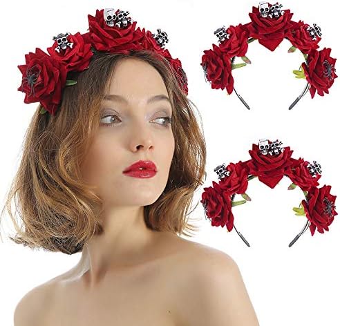 Gothic Red Rose Crown Halloween Tiara Headband Bridal Flower Hair Wreath Garland Wedding Headpiece Floral Head Accessories Headdress for Women Girls Party Bride Photography Props - Image 4