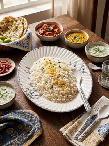 Image of Melvio By Malti Oval Rice Tray for Dining & Serving | Premium Melamine Serving Platter with Elegant Floral Design | Dishwasher Safe Rice Plate for Biryani, Pulao | White, 14.25 Inch