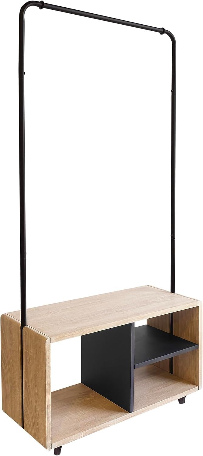 Box and beyond Casey - Perchero para ropa (72 x 31 x 153 cm), madera natural y metal negro, estantes, ruedas, perchero, abrigos, zapatos, entrada, lavadero, estilo moderno