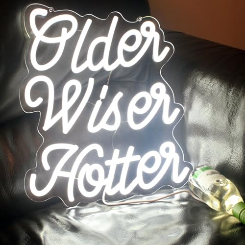 Image of White Older Wiser Hotter Neon Sign Happy Birthday Funny Neon Light for Men Women Birthday Party Decorations Backdrop Lights Sign Birthday Gift