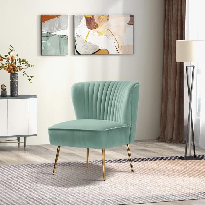 Image of Modern Upholstered Accent Velvet Chair Single Seater Channel Tufted Wing Back Chair with Golden Matel Legs for Living Room, Bedroom, Dining Room, Saga