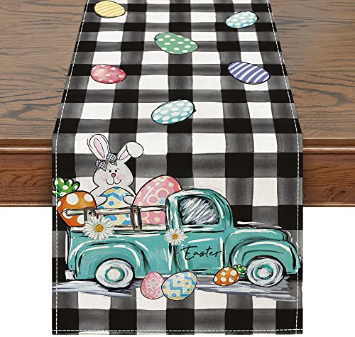 Siilues Oster-Tischläufer, Buffalo Plaid Truck Osterdekorationen Osterläufer für Tisch, saisonale Frühlingsfeiertagsdekoration für drinnen und draußen, Esstischdekorationen (33 x 228 cm) Cover