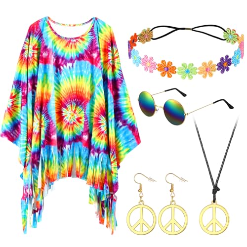 5 Pcs Ensemble de Costumes des Années 60 et 70 Poncho Tie-Dye Bandeau Fleuri Lunettes de Soleil Rétro Boucle d'Oreille Collier Signe de Paix Accessoires de...