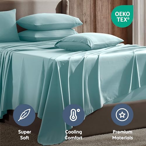 Image of Nestl Extra Deep Cal King Sheet Set - 6 Piece Breathable & Cooling Sheets - Hotel Luxury Bedding Set w /18-24 Inch Deep Pockets - Easy & Secure Fit - Super Soft, Wrinkle Free & Comfy - Light Blue