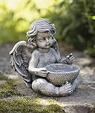 Dekofigur Engel mit Schale in Stein Optik, Gartendekofigur, Vogeltränke, Vogelbad, Garten-Deko für Draußen, Engelfigur mit Wasserschale