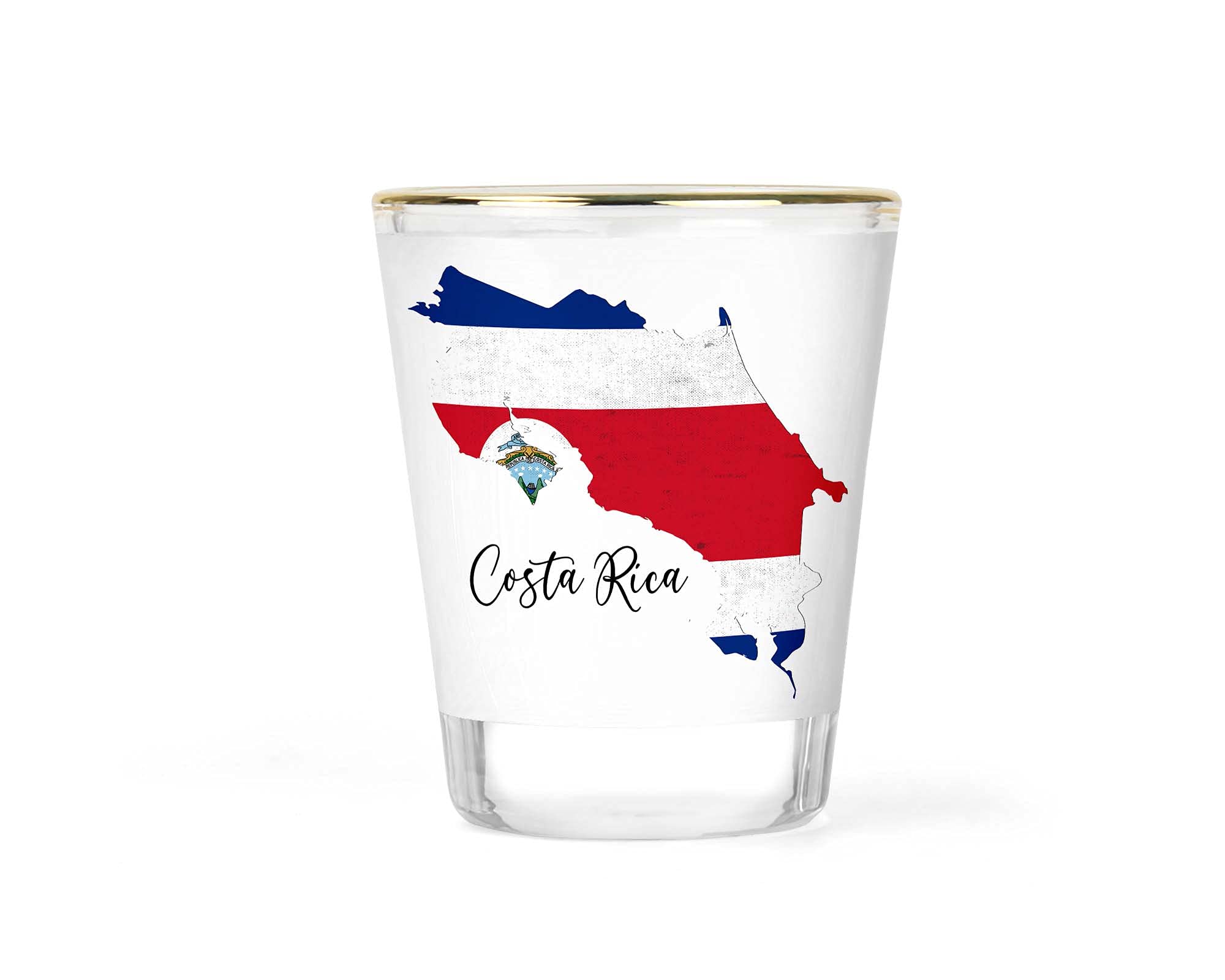 Costa Rica Shot Glass Flag Tico Shotglass Tica Glassware Costa Rican Gift Gifts Idea Ideas GlasswareMap Outline Unique Collectible Keepsake Souvenir 1.5 ounce Gold-rimmed Shots Shooter Shotglasses