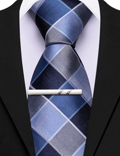 Image of Barry.Wang Plaid Ties Mens Silk Necktie and Tie Clip Checkered Tie for Wedding Party Business Formal