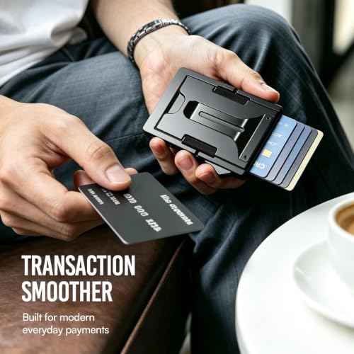 Image of Pop Up Mens Wallet, RFID NFC Blocking Wallet for Men 1.3cm Ultra Thin Space Aluminum Minimalist Credit Card Holder With Money Clip ID Window Black