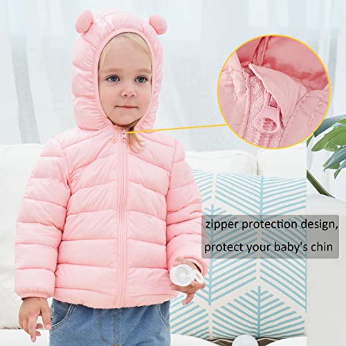 UNICOMIDEA Toddler Baby Girls Coat Pink Down Alternative Winter Warm Hooded Jacket Coats Cute Padded Light Puffer Jacket Zipper Cable Outwear for 6-12 Months Infant - Thumbnail 3