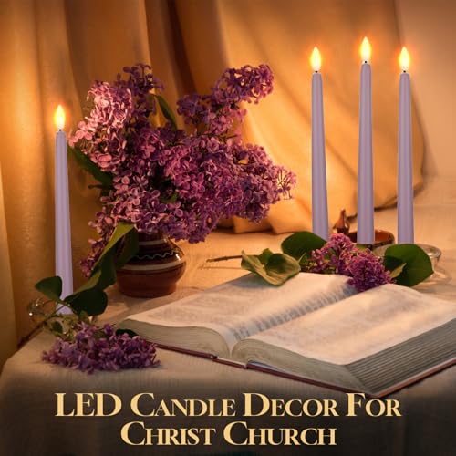 Image of Macarrie 24 Packs Flameless Taper Candles Battery Operated Fake 11 Inch Long Candlelight LED Flameless Candlesticks Flickering Tapered for Summer Fall Wedding(Light Purple)