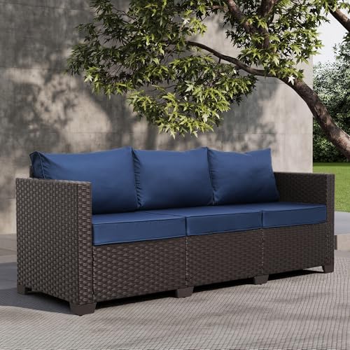 Valita Patio Furniture 3-seat Sofa Brown Wicker Outdoor Furniture Outdoor Couch Deep Seat High Backrest Waterproof Cover Anti-Slip Washable Cushions, Navy Blue