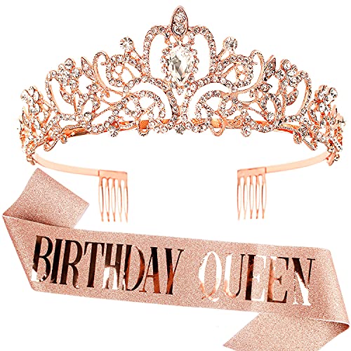 Birthday Crown & Birthday Queen Sash Set, Aprince Rhinestone Tiaras and Crowns for Women Girls Rose Gold Tiara Birthday Sash Princess Tiaras Queen Crowns for Birthday Prom Photoshoot