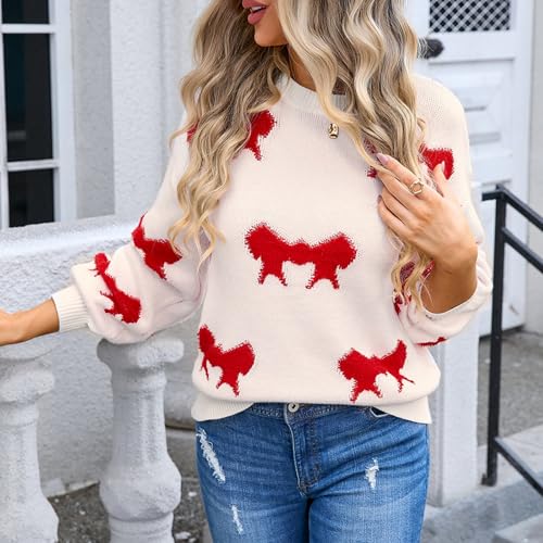 Image of Women Cute Bow Knit Sweater Y2k Long Sleeve Crew Neck Knitted Pullover Top Oversized Going Out Fall Winter Knitwear