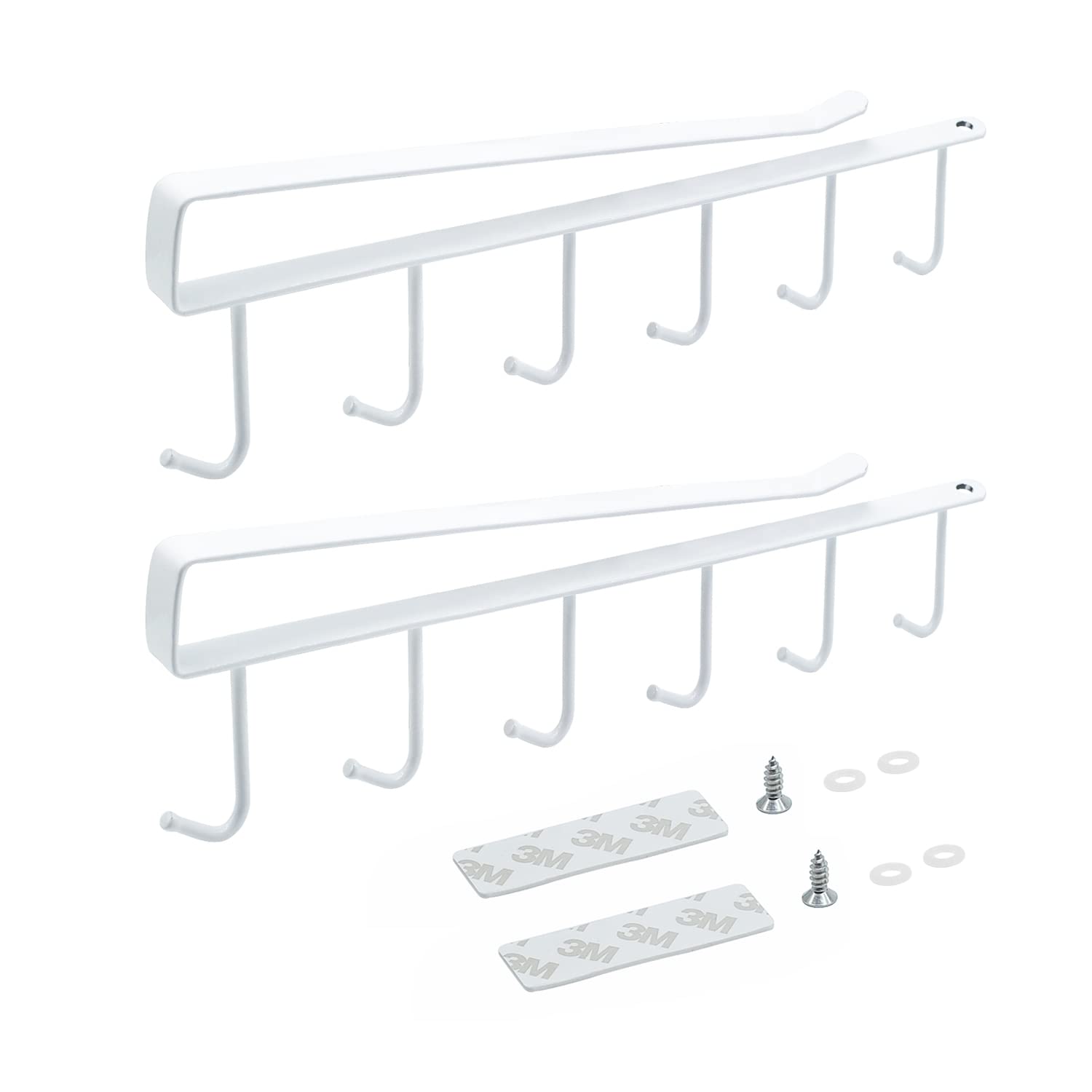 JINTANG 2pack Mug Hooks Under Shelf,Under Shelf Mug Holder with 6 Hooks,Under-Cabinet Hanger Rack with Adhesive/Screw,Under Cupboard Storage for Towels Jackets Purses Bags Clothes Robes(White)