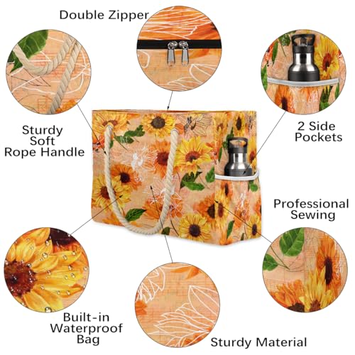 Large Beach Tote Bags for Women Sunflower Retro Flower Waterproof Sandproof Shoulder Bags Swim Pool Purse with Zipper Beach Vacation Essentials for Summer Swim Pool Travel Gifts3