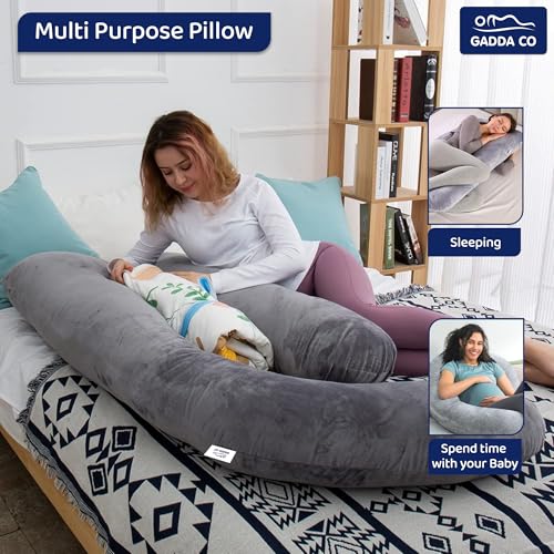 Image of GADDA CO Pregnancy Pillow for Women Full Body J-Shape for Pregnant Women - Maternity Pillows for Pregnancy Sleeping Support for Back, Hips, Legs & Belly, Removable Washable Velvet Cover, Grey