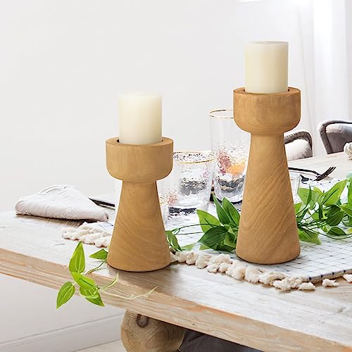 Athaliah Wood Candle Holders, Rustic Wooden Candlestick Holders Pillar Set Of 2, Hand Carved Farmhouse Boho Candle Holder Decor For Mantel For Living Room Or Table Centerpiece #TOP6