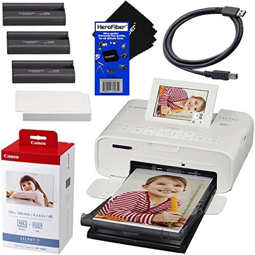 HeroFiber Canon SELPHY CP1300 Wireless Compact Photo Printer (White) + Canon KP-108IN Color Ink Paper Set (Produces up to 108 of 4 x 6 Prints) + USB Printer Cable Ultra Gentle Cleaning Cloth